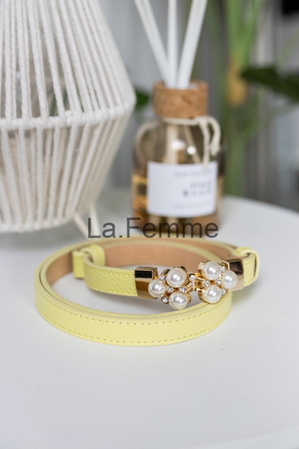 Dámský kožený pásek s perlami, Yellow