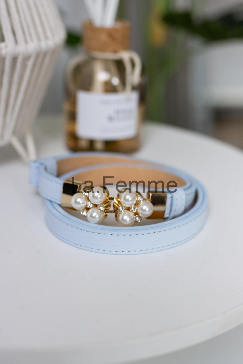 Dámský kožený pásek s perlami, Blue