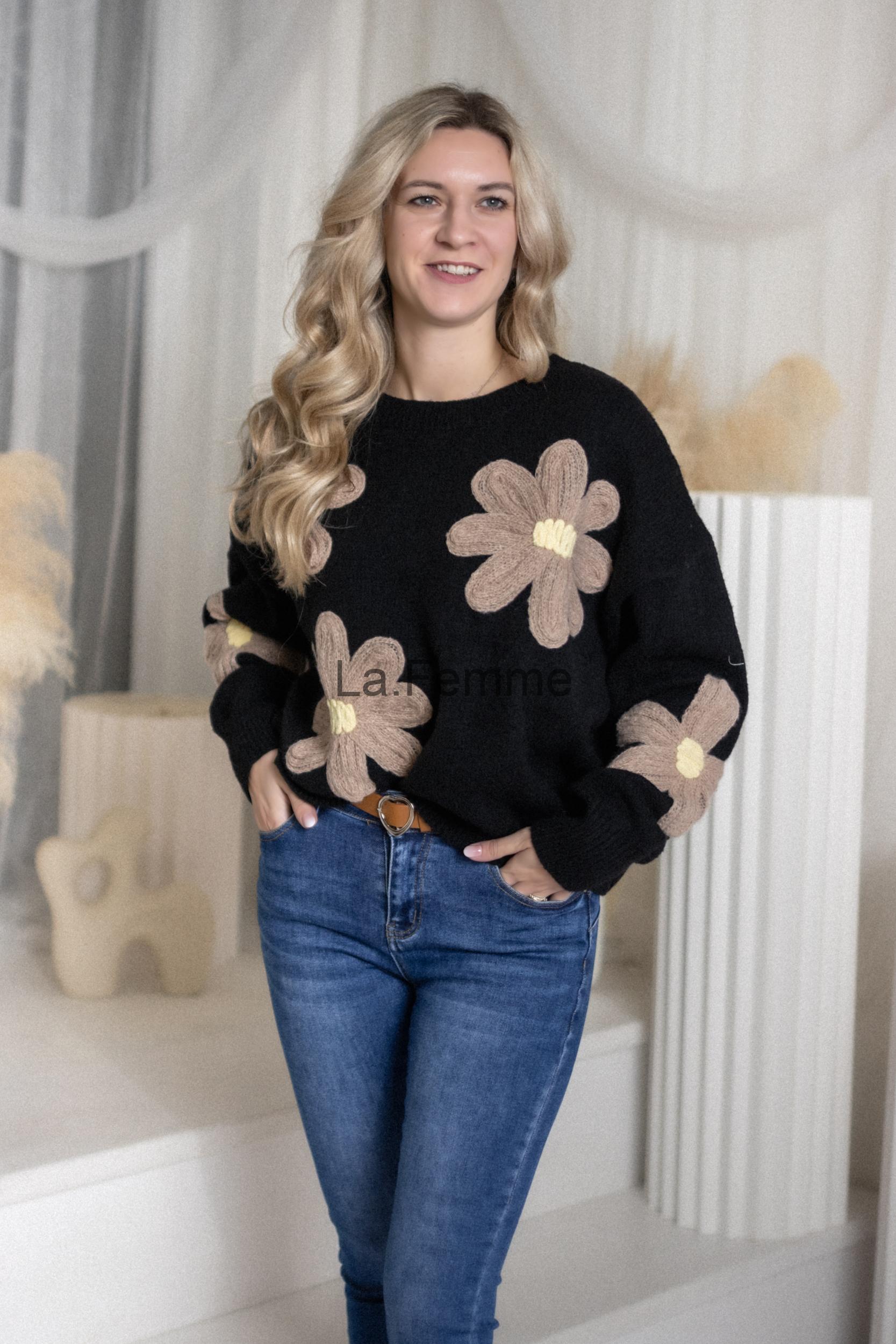 Oversize dámský svetr Flower, Black