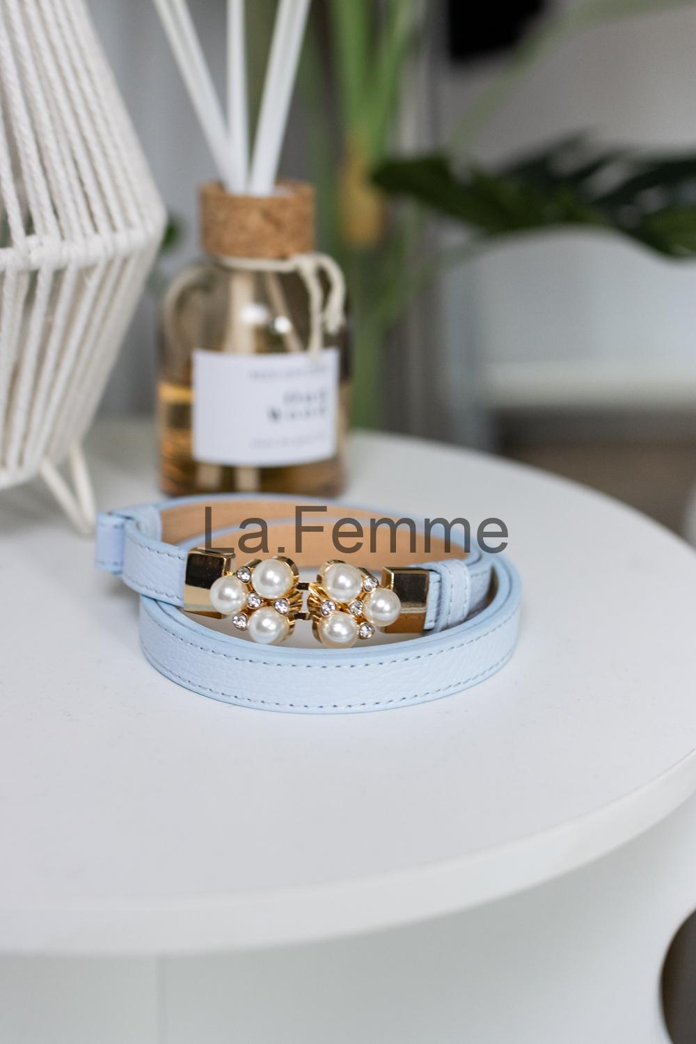 Dámský kožený pásek s perlami, Blue