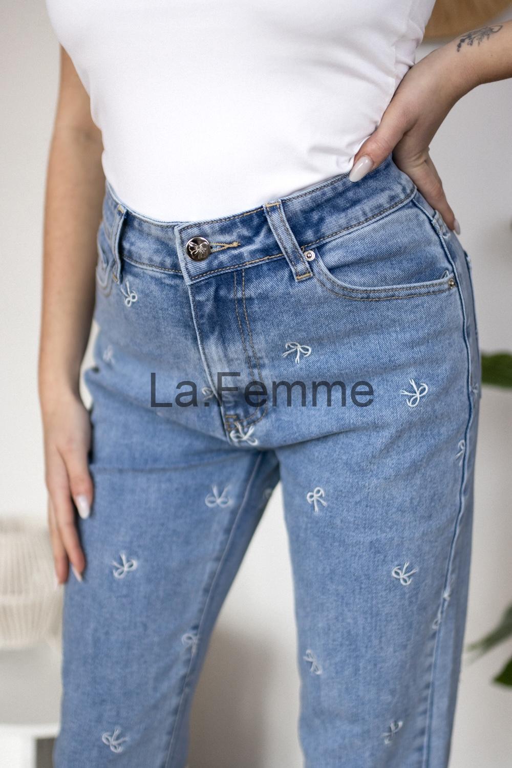 Dámské rifle s výšivkou mašličky, světle modré