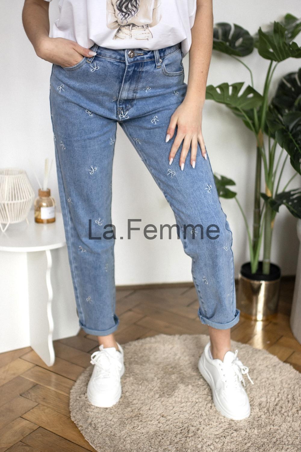 Dámské rifle s výšivkou mašličky, světle modré