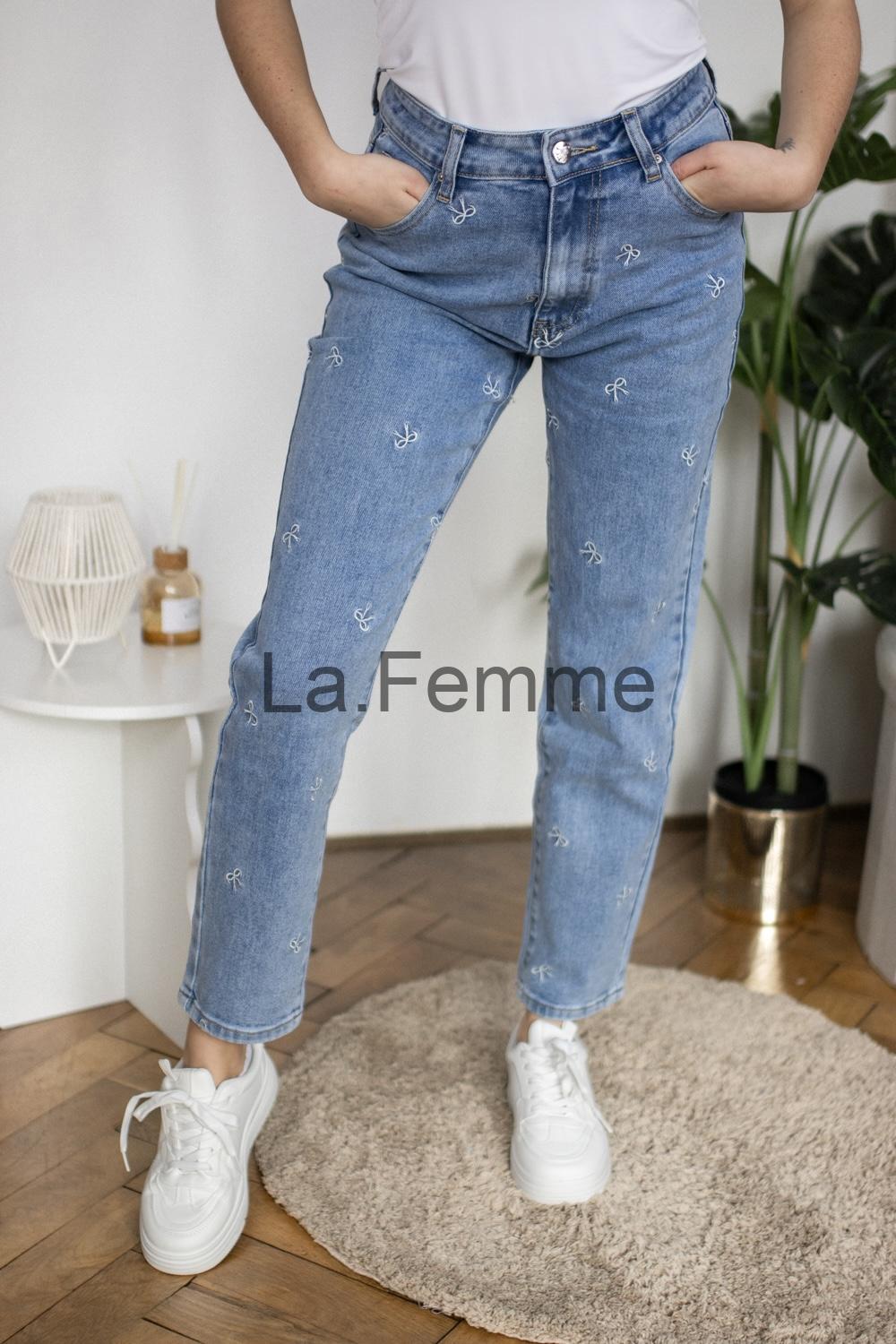 Dámské rifle s výšivkou mašličky, světle modré