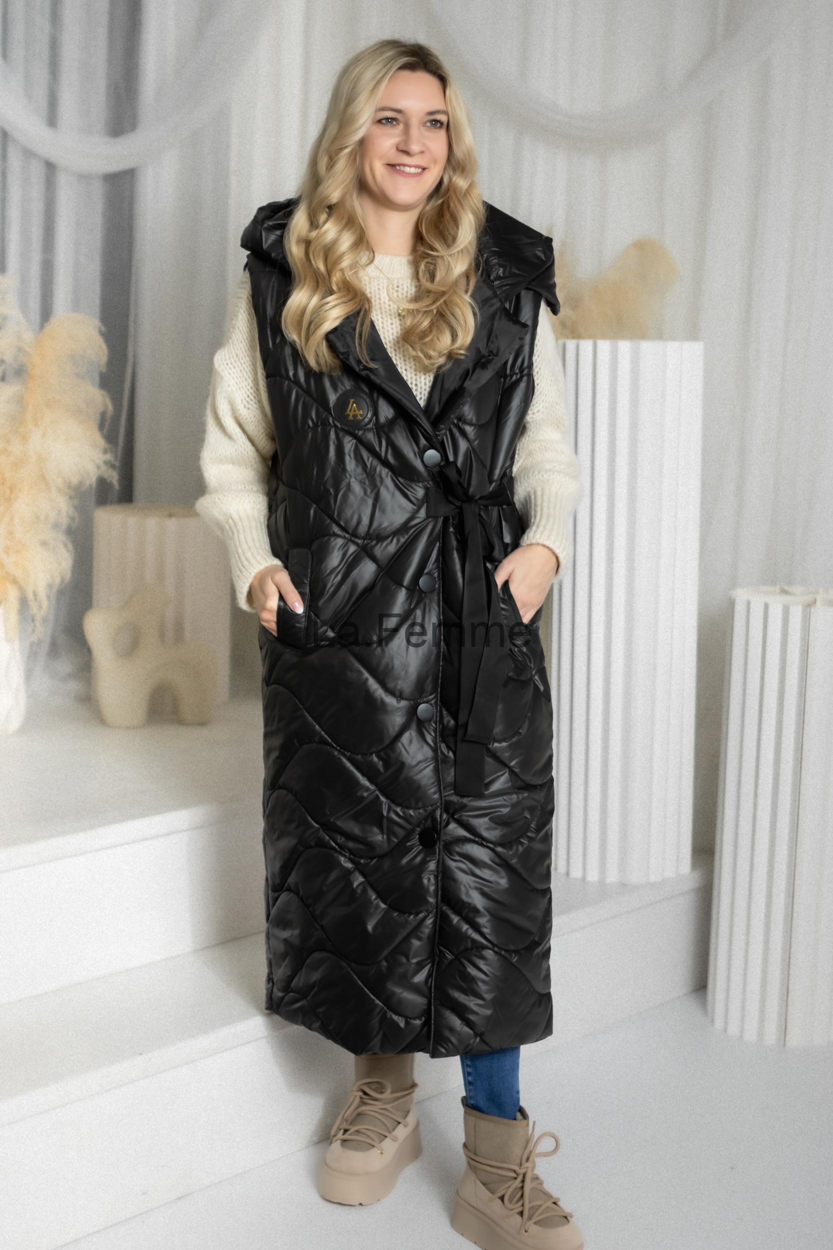 Dlouhá prošívaná dámská vesta Wave, Black