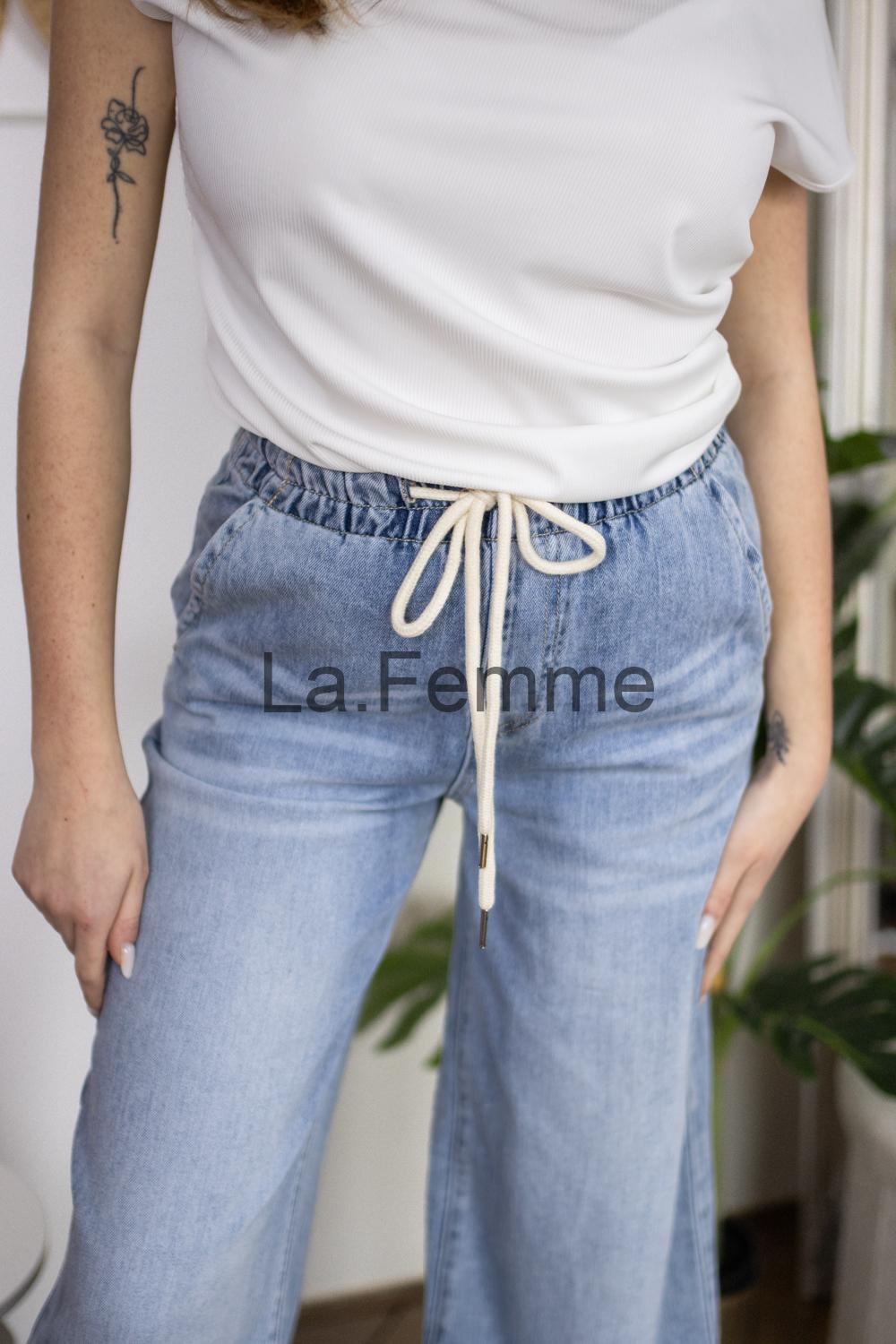 Dámské wide leg džíny s gumou v pase, světle modré